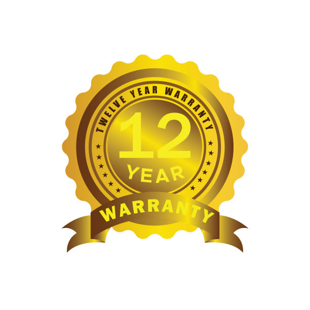 金色12年质保徽章，印章，标志，标签与金色丝带隔离在白色背景图片下载