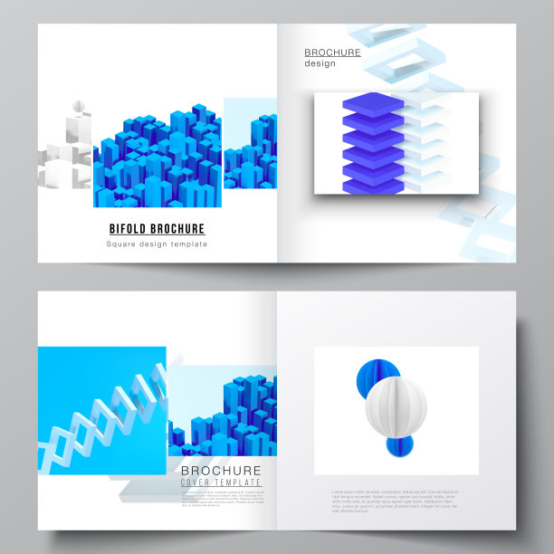矢量布局的两个封面模板为方形双折宣传册，传单，杂志，封面设计，书籍设计，宣传册封面。三维渲染矢量合成与现实的几何蓝色形状在运动图片下载