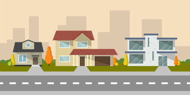 秋天的城市景观。街道上的房子。秋天的季节。图片下载