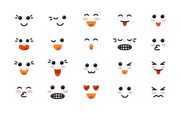 卡哇伊可爱的微笑表情卡通脸集向量图片下载