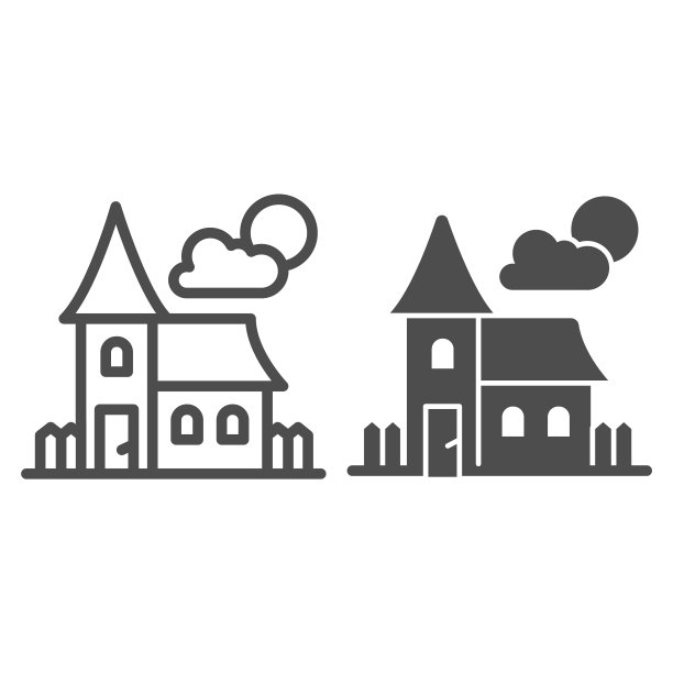 废弃的老房子线和固体图标，万圣节的概念，在满月的房子标志在白色的背景，恐怖的万圣节房子图标轮廓风格的移动概念和网页设计。矢量图形。图片下载