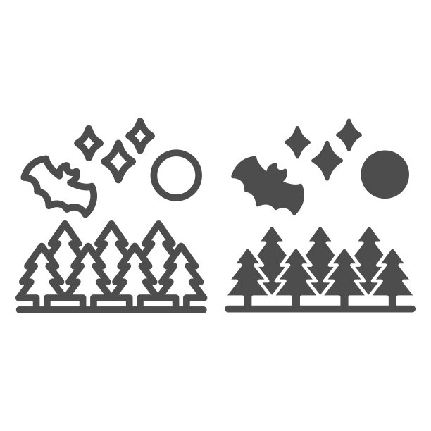 蝙蝠在森林和月亮的背景线和固体图标，万圣节的概念，蝙蝠在森林标志上的白色背景，蝙蝠和满月的图标轮廓风格的移动概念。矢量图形。图片下载