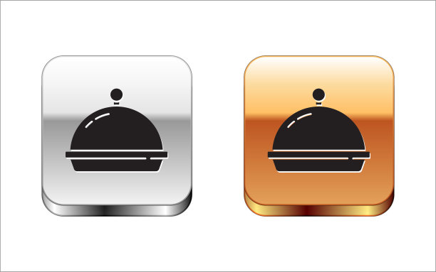黑色覆盖一个托盘食物图标孤立在白色背景。托盘和盖子。带有盖子的餐厅钟摆。厨房用具的象征。金银平方按钮。向量图片下载