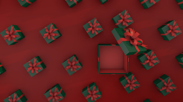 红色的圣诞背景，绿色的礼物和红色的丝带。三维渲染图片下载