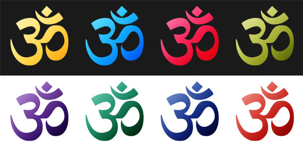 设置奥姆或奥姆印度神圣的声音图标孤立的黑色和白色的背景。梵天、毗湿奴和湿婆神圣三位一体的象征。向量图片下载