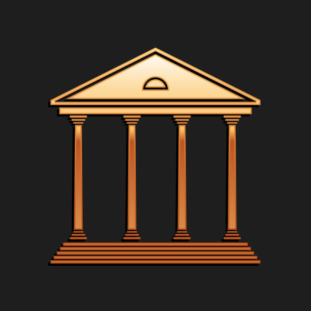 金色法院大楼图标孤立在黑色背景。建造银行或博物馆。长长的阴影风格。向量图片下载