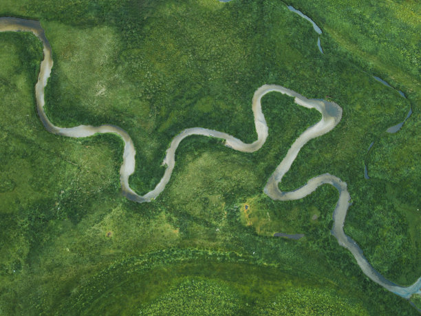 绿色原野中蜿蜒河流的空中自然景观图片下载