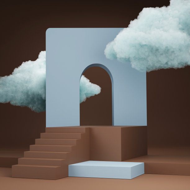 3D背景，基座平台与云彩。棕色和浅蓝色。粉彩米色展示展示设置为美丽，化妆品产品介绍。抽象，装饰艺术，几何最小的3D渲染模型图片下载