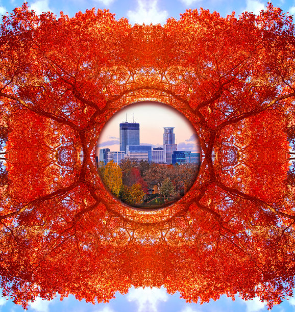 明尼阿波利斯的天际线和秋叶的颜色图片下载