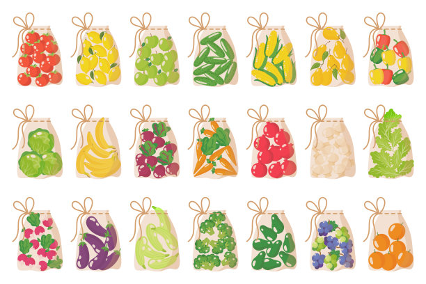 矢量织物可重复使用的生态杂货袋称重食物不使用塑料袋隔离在白色背景图片下载