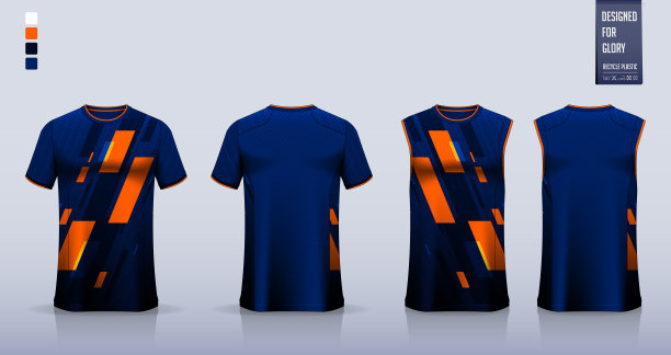蓝色t恤运动，足球运动衫，足球装备，篮球制服，背心，和跑步背心模型。面料图案设计。向量。图片下载