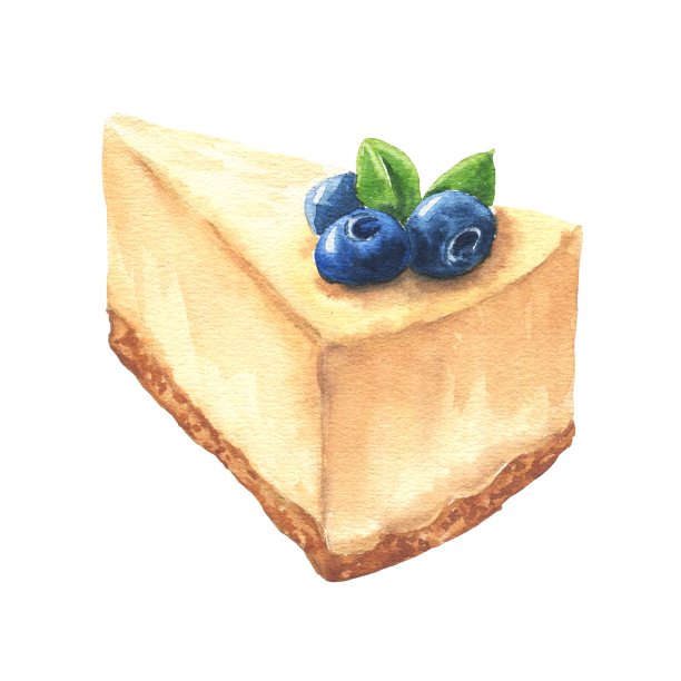 手绘奶酪蛋糕片与蓝莓浇头，现实的食物插图孤立在白色的背景。美味的甜点。图片下载