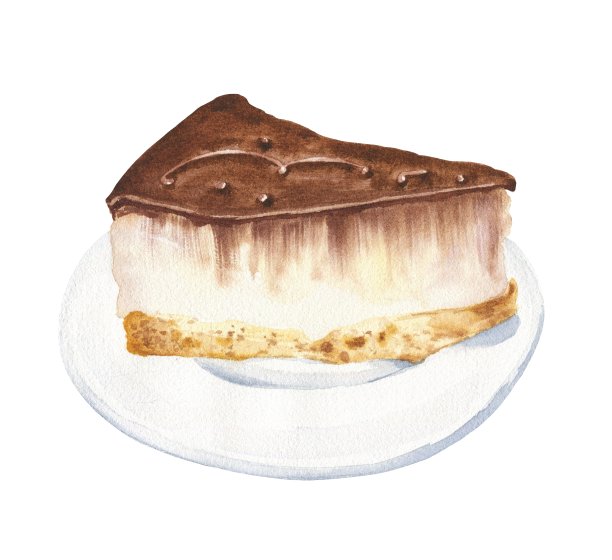 手绘水彩巧克力芝士蛋糕片孤立的白色背景。美味的食物说明。图片下载