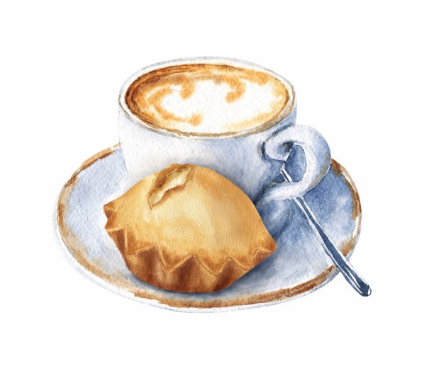 手绘水彩卡布奇诺杯与松饼孤立在白色背景。美味的食物说明。图片下载