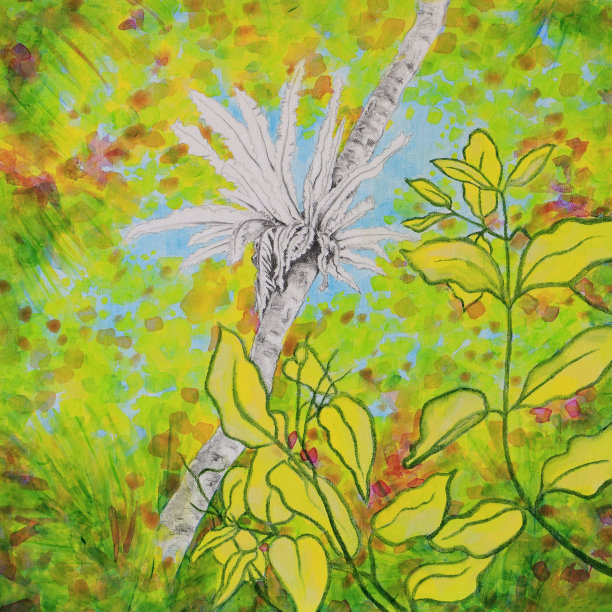 雨林丙烯画中的燕窝蕨和棕榈树图片下载