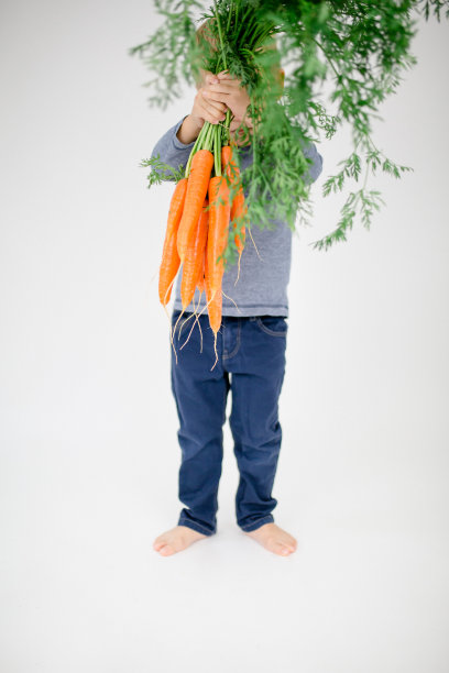 小男孩手里拿着新鲜成熟的胡萝卜。图片下载