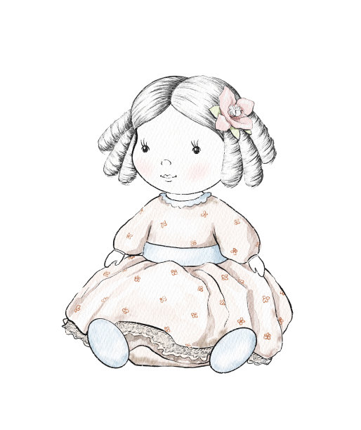 水彩素描与复古卡通娃娃在粉红色的裙子图片下载