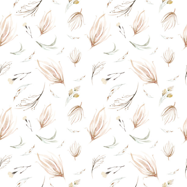 波荷无缝图案水彩元素收集大草原金花、花园红、酒红色花、树叶、树枝、植物插画背景婚礼装饰图片下载