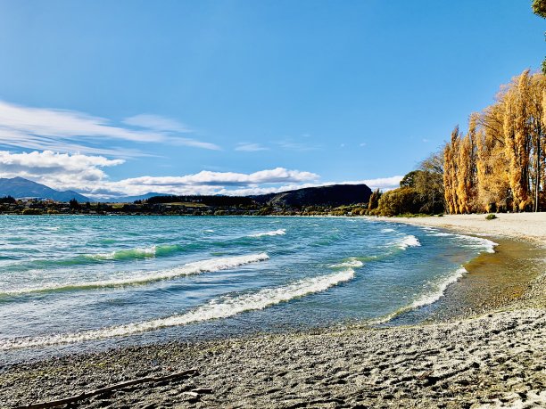 新西兰瓦纳卡海滩中午的风景照片图片下载