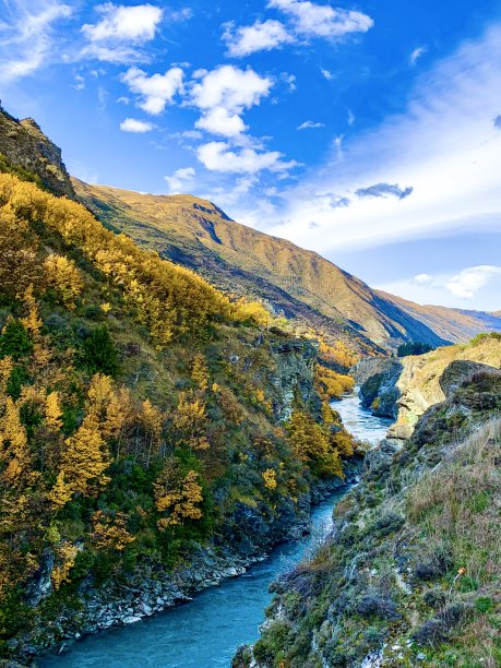 风景照片拍摄于新西兰皇后镇附近的卡瓦劳桥，人们在那里蹦极图片下载