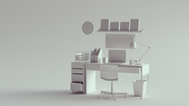 白色家庭办公室长书桌和书桌抽屉简单的设置图片下载