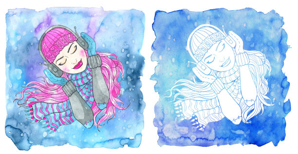 摩羯星座的象征。女孩闭着眼睛戴着耳机听蓝色背景的音乐。图片下载