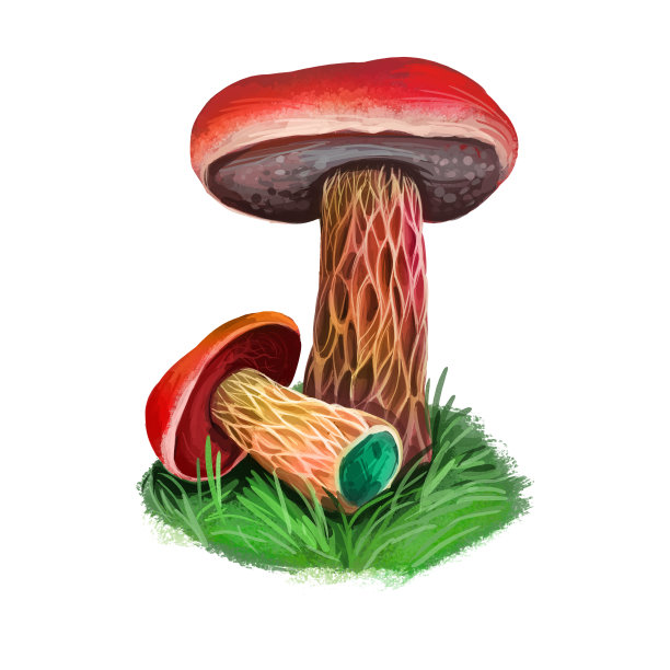 霜冻牛肝菌，绿草上的霜冻或苹果枯草菌。肋片蘑菇。食用菌孤立在白色。数码艺术插画，天然食品秋收或秋收。图片下载