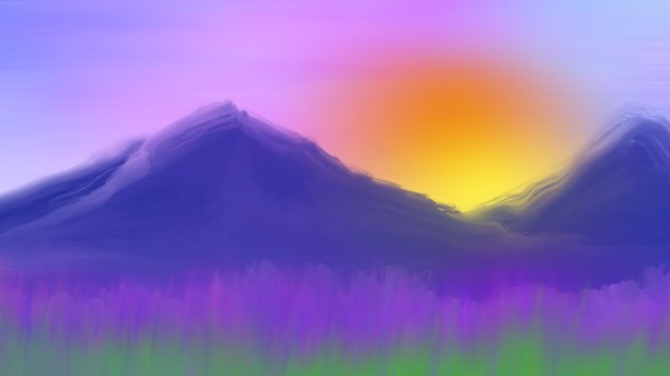 山水画，薰衣草田和日落天空背景的山图片下载