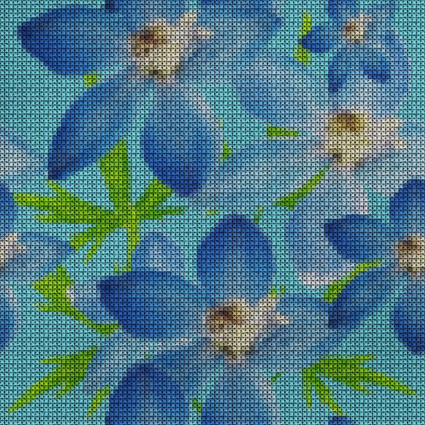 插图。十字绣。飞燕草,燕草属植物的花。纹理的鲜花。连续复制的无缝模式。花的背景,拼贴。图片下载