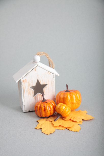 木制的玩具房子，黄色的秋叶和南瓜在灰色的背景。Hygge概念图片下载