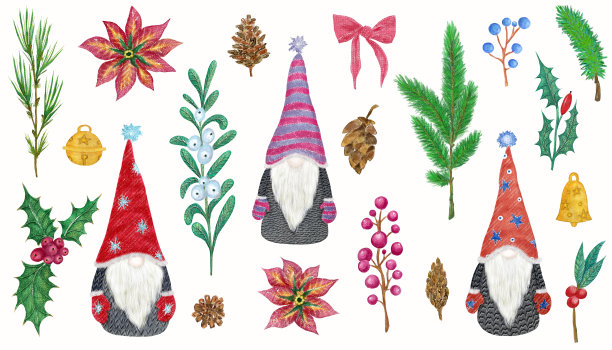 圣诞与北欧地精。冷杉和浆果树枝的插图图片下载