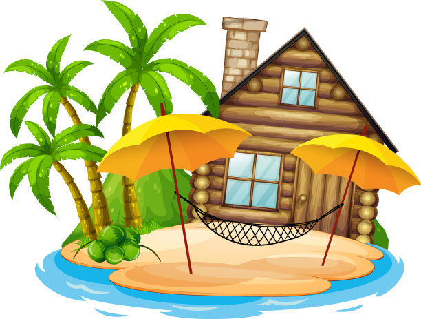 白色小岛上有木屋的场景图片下载