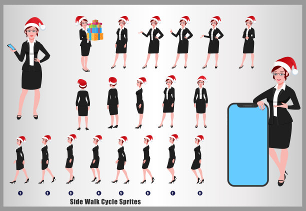 商业圣诞女孩角色设计模型表与步行周期和运行周期动画。女孩角色设计的正面，侧面，背面的观点和解释动画姿势。字符集与口型同步。图片下载