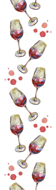 垂直无缝边界的葡萄酒杯红酒和酒滴，孤立的白色。水彩插图。图片下载