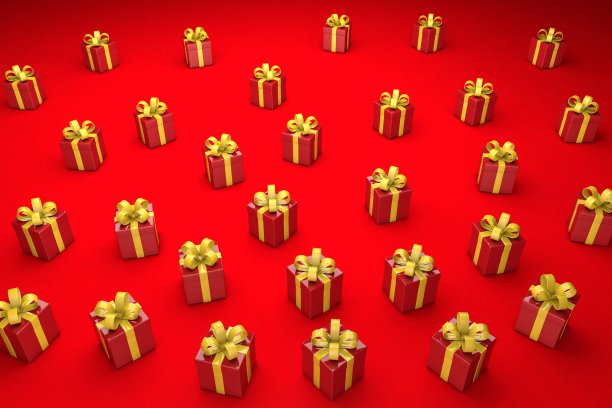 礼盒上的红色节日背景。很多的惊喜。三维渲染图片下载