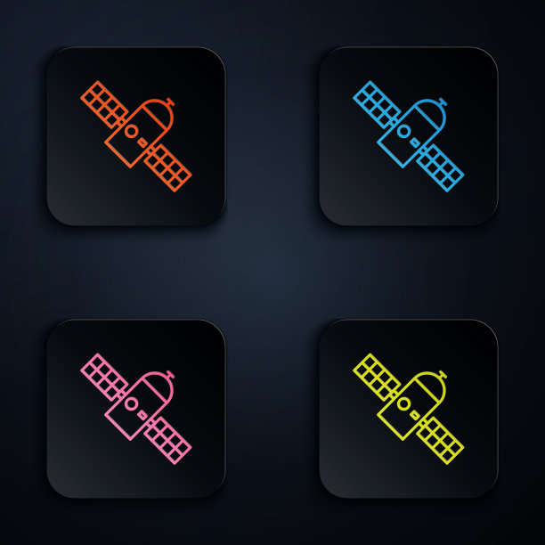 彩色霓虹灯线卫星图标孤立在黑色图片下载