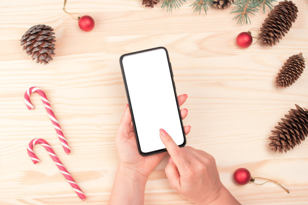 女性用手机进行网上购物。圣诞节和新年假期网上购物的概念。寒假大减价。图片下载