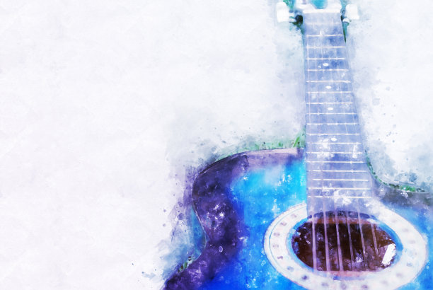 抽象彩色吉他在前景上的水彩画背景和数字插图画笔艺术。图片下载