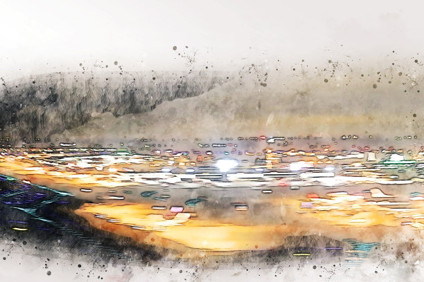 以城市抽象的色彩建筑为背景绘制水彩插画。图片下载