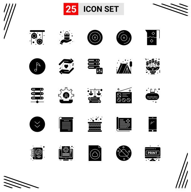 在网格上为饮料和眼睛设置25个实心符号图片下载