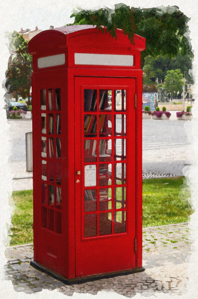水彩画的红色电话亭里面有图书馆的书图片下载
