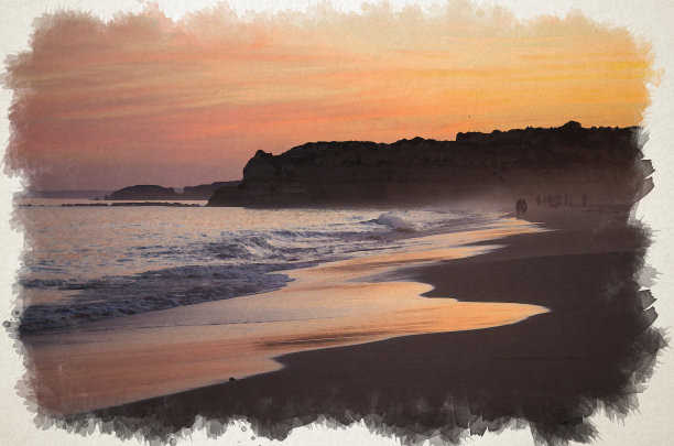 阿尔加维海滩的水彩画，普拉亚达罗查，在大西洋上的日落，人们在晚上大西洋海岸，葡萄牙最美丽的海滩图片下载