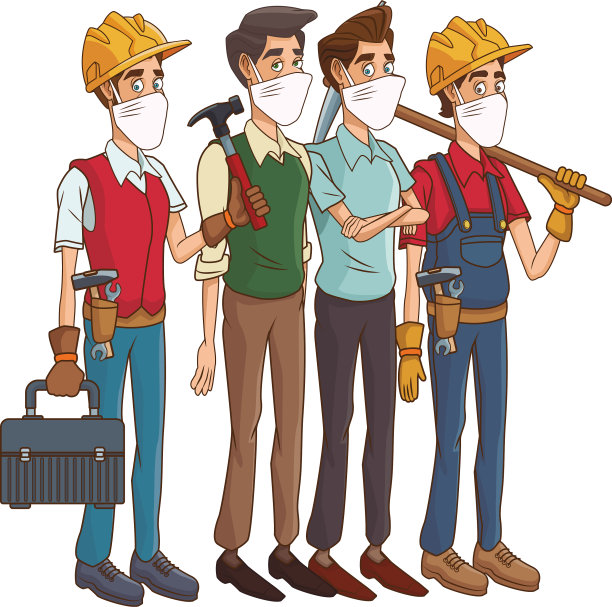 建筑工和人类一起使用医用口罩和工具图片下载