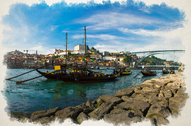 葡萄牙水彩画，波尔图城市景观，一组黄色的木船与葡萄酒桶在杜罗河上，波尔图老城全景，艾菲尔桥视图，蓬特路易斯图片下载