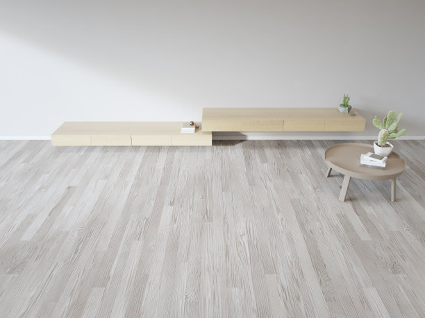 现代住宅或公寓中，明亮的客厅白色墙壁旁的木制电视架和靠橱柜的咖啡桌。图片下载