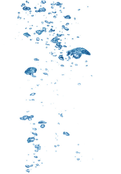 蓝色的气泡在清澈的淡水中上升，孤立在白色之上图片下载