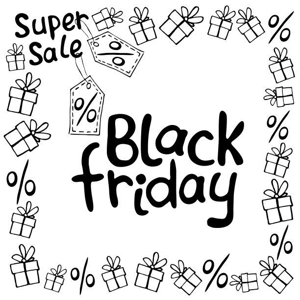 矢量海报，标题，框架的主题黑色星期五，购物，折扣和销售。边框由手绘轮廓礼品，百分比，价格标签在涂鸦风格图片下载