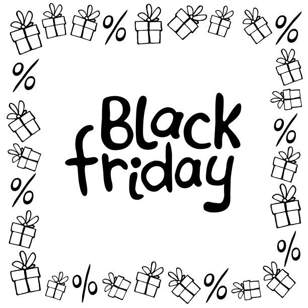 矢量海报，标题，框架的主题黑色星期五，购物，折扣和销售。边框由手绘轮廓礼品，百分比，价格标签在涂鸦风格图片下载