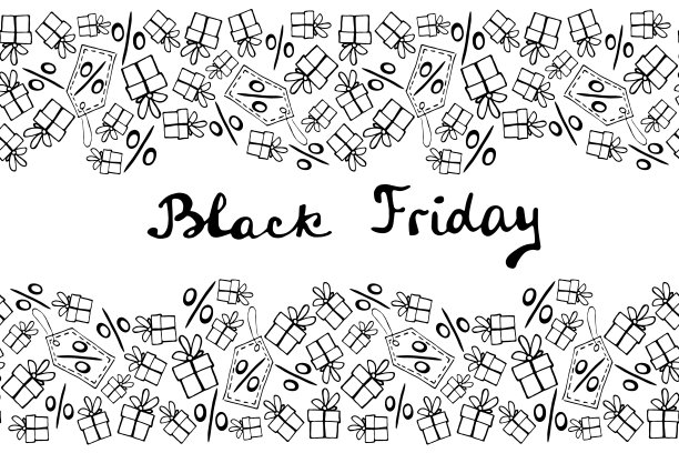矢量海报，标题，无缝模式的主题黑色星期五，购物，折扣和销售。边框由手绘轮廓礼品，百分比，价格标签在涂鸦风格图片下载