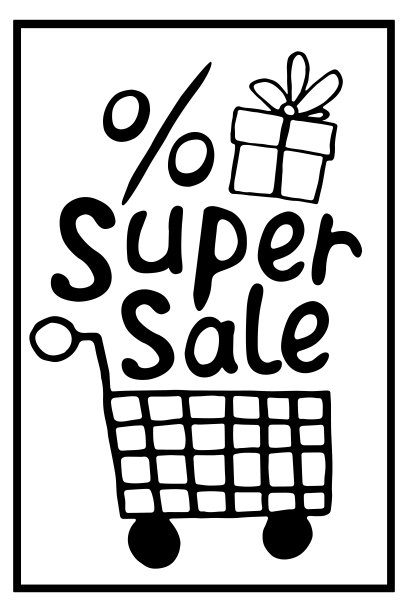 矢量轮廓购物车与字母超级销售。手绘海报和黑色星期五主题涂鸦风格的设计元素，在商店购买，折扣图片下载
